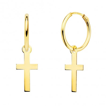 Boucles d'Oreilles Créoles Or 18 Carats 750/000 Jaune - Charms Croix Pendantes