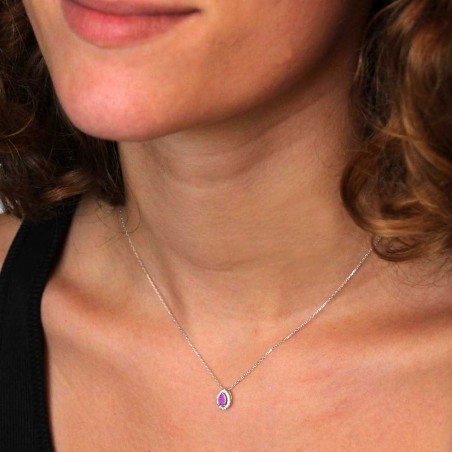 Collier Or Blanc Améthyste en Goutte et Zirconiums – Femme