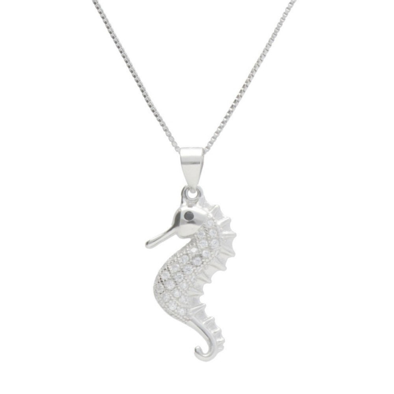 Collier Argent 925/000 Rhodié - Hippocampe Pavé de Zirconiums