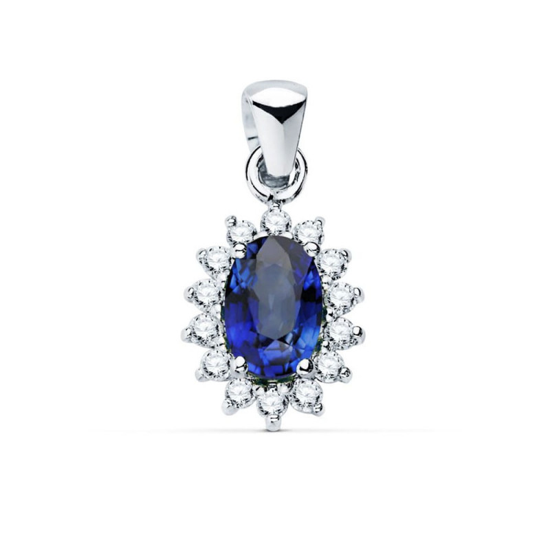 Pendentif Or 18 Carats 750/000 Blanc Saphir Bleu et Diamants