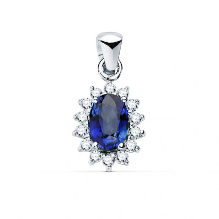 Pendentif Or 18 Carats 750/000 Blanc Saphir Bleu et Diamants