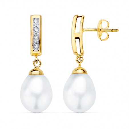 Boucles d'Oreilles Or 18 Carats 750/000 Jaune - Perles de Culture et Zirconiums