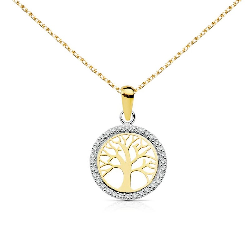 Collier - Pendentif Or 18 Carats 750/000 Jaune - Arbre de Vie Serti de Zirconiums - Chaine Dorée