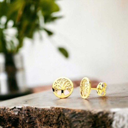 Boucles d'Oreilles Or 18 Carats 750/000 Jaune et Nacre - Arbre de Vie