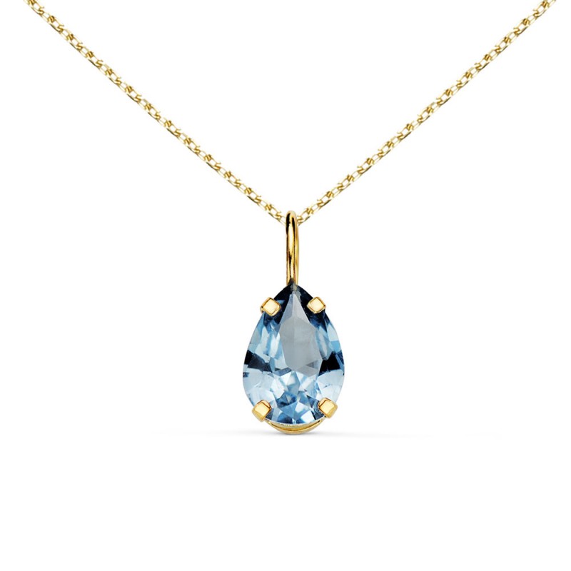 Collier - Pendentif Or Jaune 18 Carats 750/000 - Zirconium Bleu Topaze - Chaine Dorée