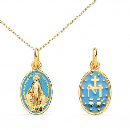 Médaille Vierge Miraculeuse Or Jaune 18 Carats 750/000 et Email Bleu - Chaîne Dorée