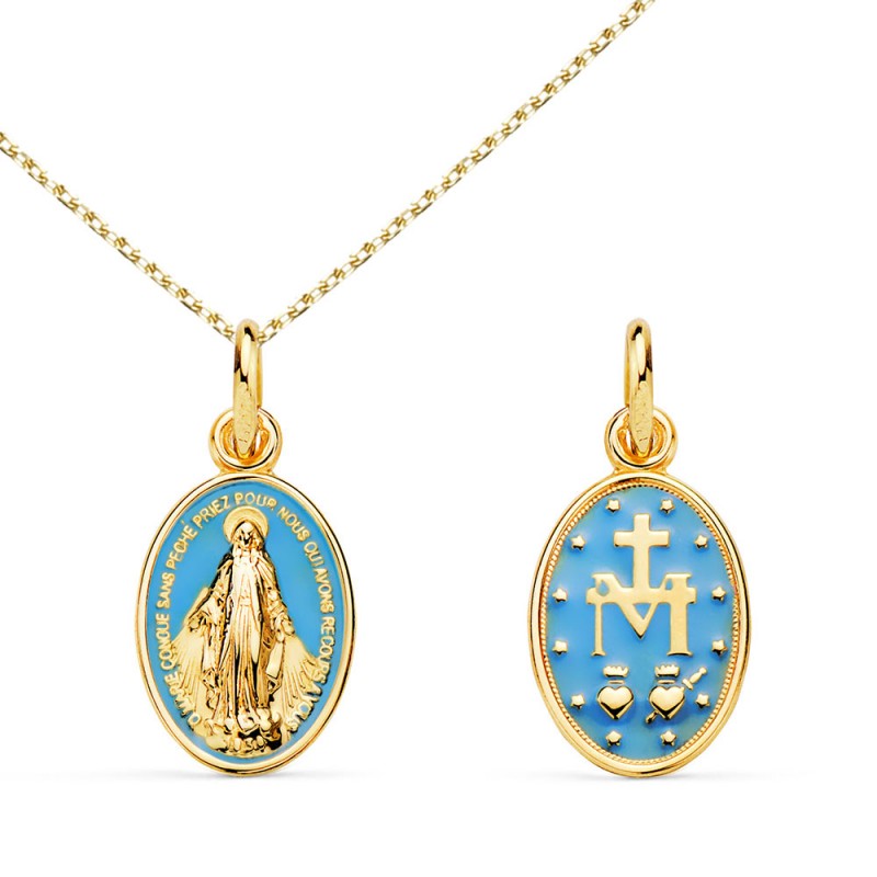 Médaille Vierge Miraculeuse Or Jaune et Email Bleu - Chaîne Dorée