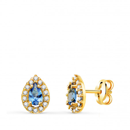 Boucles d'Oreilles Or 18 Carats 750/000 Jaune - Pierre Bleue et Zirconium