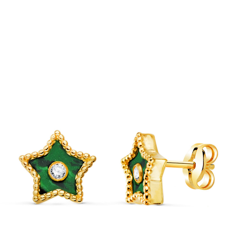 Boucles d'Oreilles Or 18 Carats 750 Jaune Étoile - Malachite et Zirconium