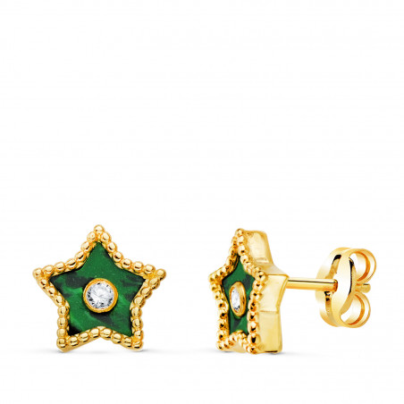 Boucles d'Oreilles Or 18 Carats 750 Jaune Étoile - Malachite et Zirconium