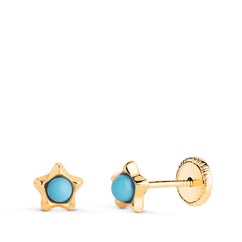 Boucles d'Oreilles Or 18 Carats 750/000 Jaune Étoile - Turquoise