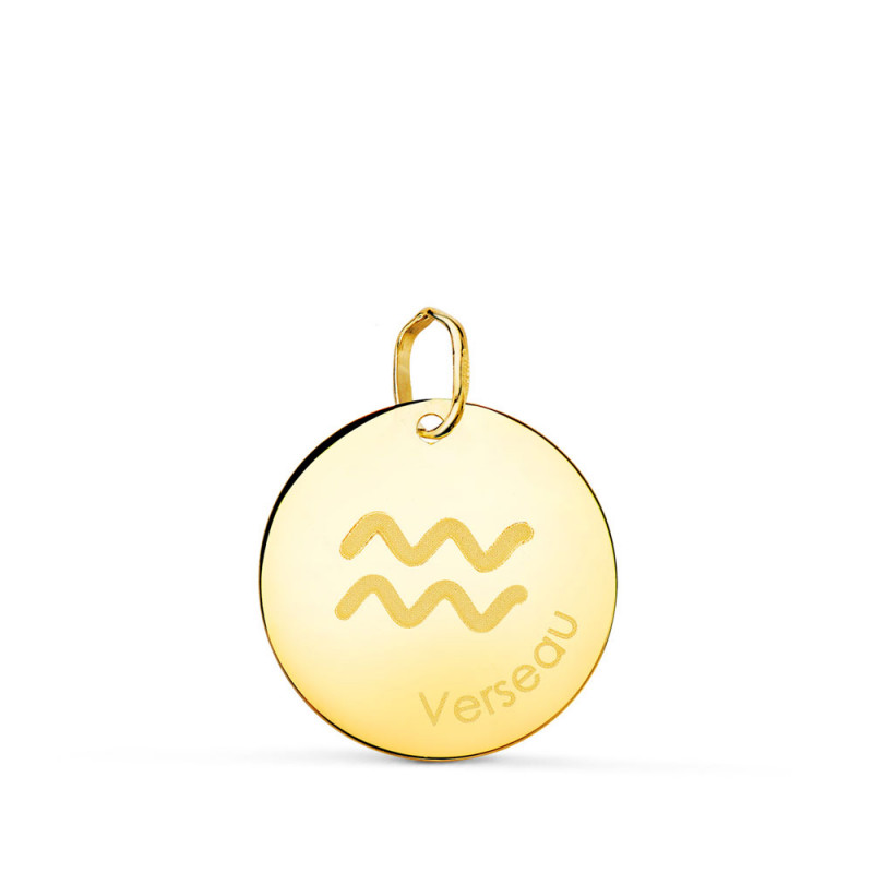 Pendentif Médaille Or 18 Carats 750 Jaune - Zodiaque Verseau - Chaine et Gravure Offertes