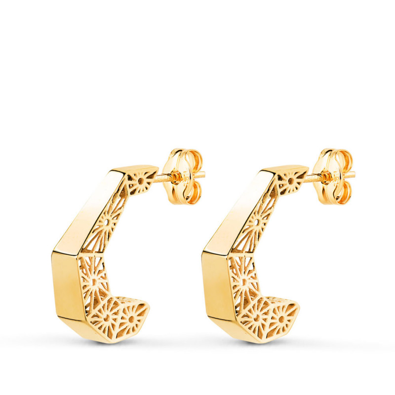 Boucles d'Oreilles Or 18 Carats 750 Jaune Demi-Créoles Motif Filigrane