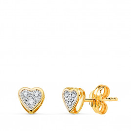 Boucles d'Oreilles Or 18 Carats 750 Jaune et Zirconiums - Motif Coeur