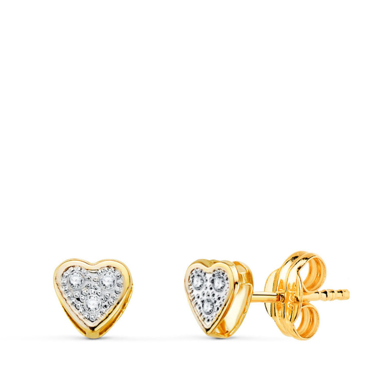 Boucles d'Oreilles Or 18 Carats 750 Jaune et Zirconiums - Motif Coeur