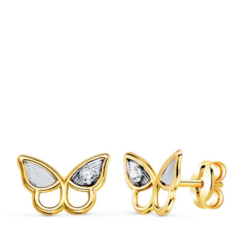 Boucles d'Oreilles Or 18 Carats 750 Bicolore Jaune et Blanc - Zirconium - Motif Papillon