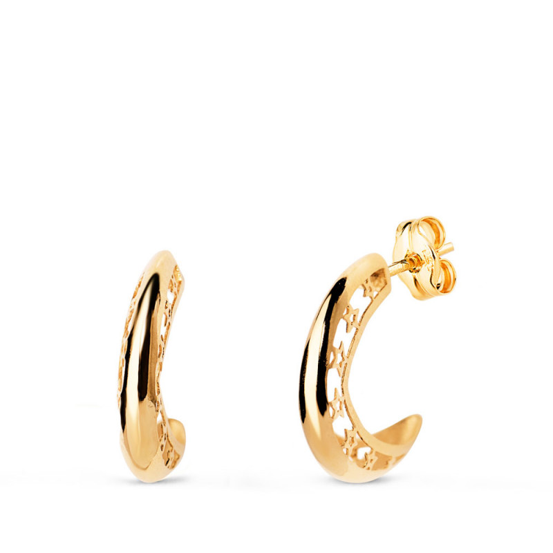 Boucles d'Oreilles Or 18 Carats 750 Jaune Demi-Créoles Motif Etoiles Filigrane