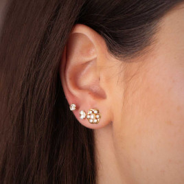 Boucles d'Oreilles Or 18 Carats 750 - Motif Fleur - Perles et Zirconiums