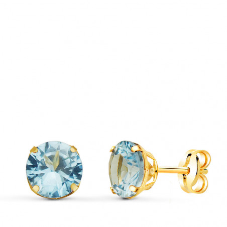 Boucles d'Oreilles Or 18 Carats 750 Jaune - Zirconiums Topaze Bleue