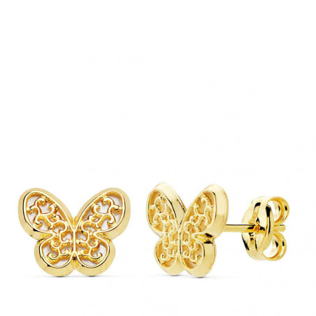 Boucles d'Oreilles Or 18 Carats 750 Jaune et Nacre - Papillons Filigrane