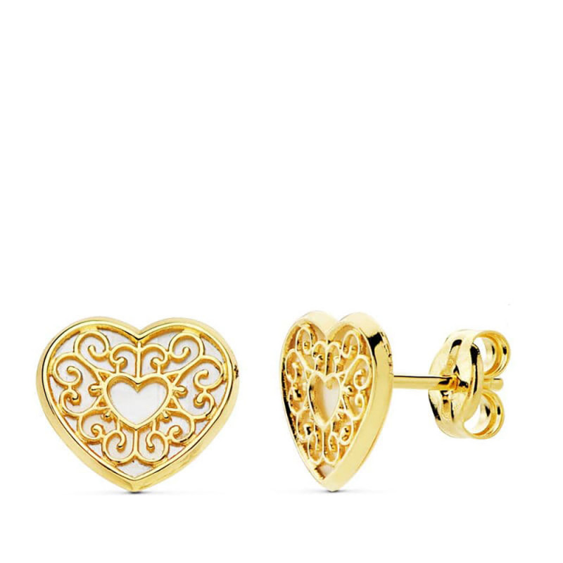 Boucles d'Oreilles Or 18 Carats 750 Jaune et Nacre - Coeur Filigrane