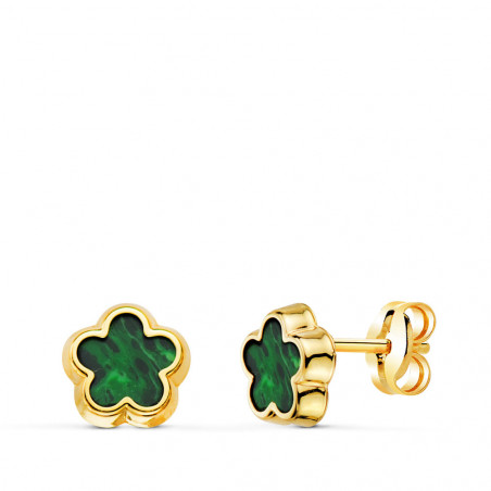 Boucles d'Oreilles Or 18 Carats 750 Jaune et Malachite - Fleur