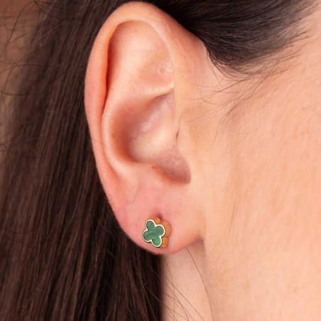 Boucles d'Oreilles Or 18 Carats 750 Jaune et Malachite - Trèfle