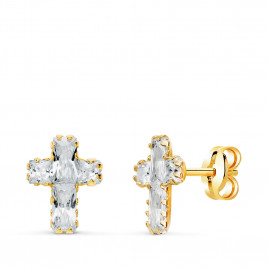 Boucles d'Oreilles Or 18 Carats 750 Jaune et Zirconiums - Motif Croix