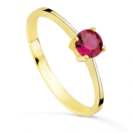 Bague Or 18 Carats 750 Jaune - Solitaire Zirconium Rouge Rubis