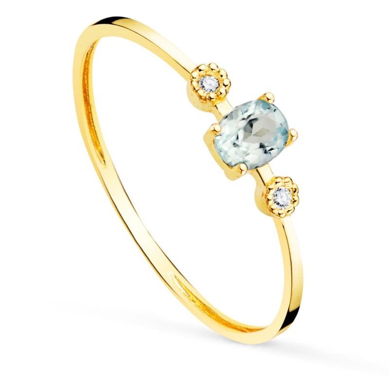 Bague Or 18 Carats 750 Jaune - Diamants et Aigue Marine