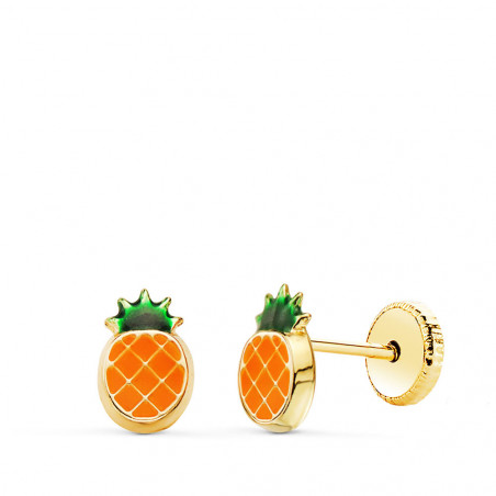 Boucles d'Oreilles Or 18 Carats 750 Jaune et émail - Ananas