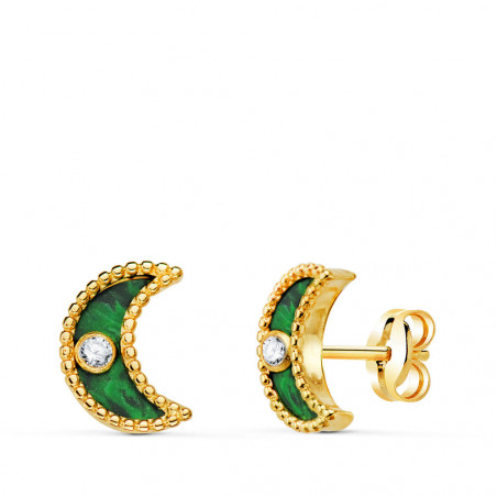 Boucles d'Oreilles Or 18 Carats 750 Jaune Lune - Malachite et Zirconium