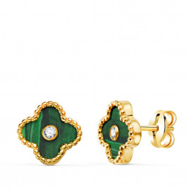 Boucles d'Oreilles Or 18 Carats 750 Jaune Motif Trèfle - Malachite et Zirconium