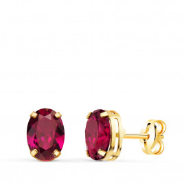 Boucles d'Oreilles Or 18 Carats 750/000 - Zirconiums Rouge Rubis