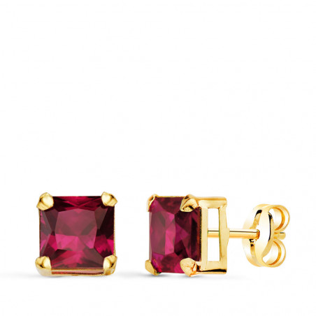 Boucles d'Oreilles Or 18 Carats 750/000 - Zirconiums Rouge Rubis