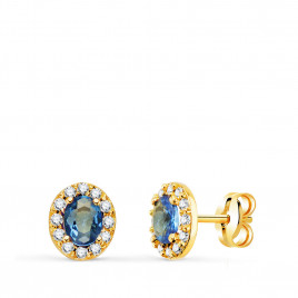 Boucles d'Oreilles Or 18 Carats 750 Jaune - Zirconiums Bleu Topaze