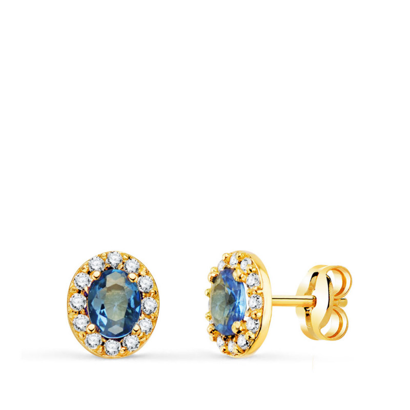 Boucles d'Oreilles Or 18 Carats 750 Jaune - Zirconiums Bleu Topaze