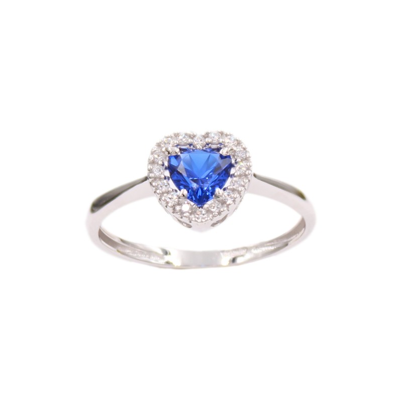 Bague Or Blanc- Coeur Serti de Zirconiums Saphir Bleu - Femme