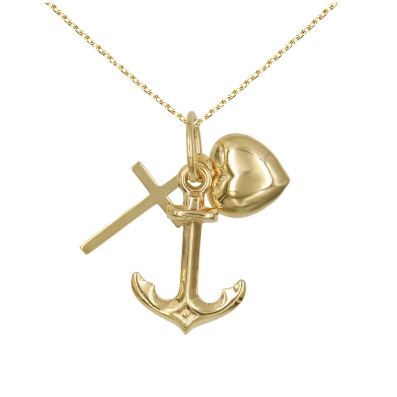 Collier - Pendentif Or Jaune Ancre Croix Coeur- 3 Vertues - Femme ou Enfant