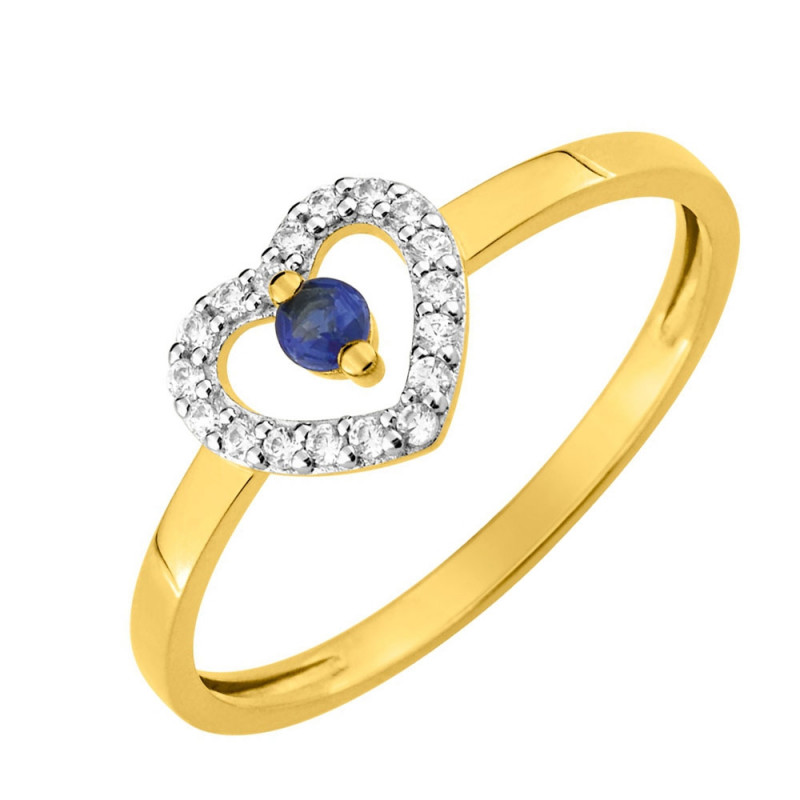 Bague Or Saphir Bleu Accompagné de Zirconiums en Coeur