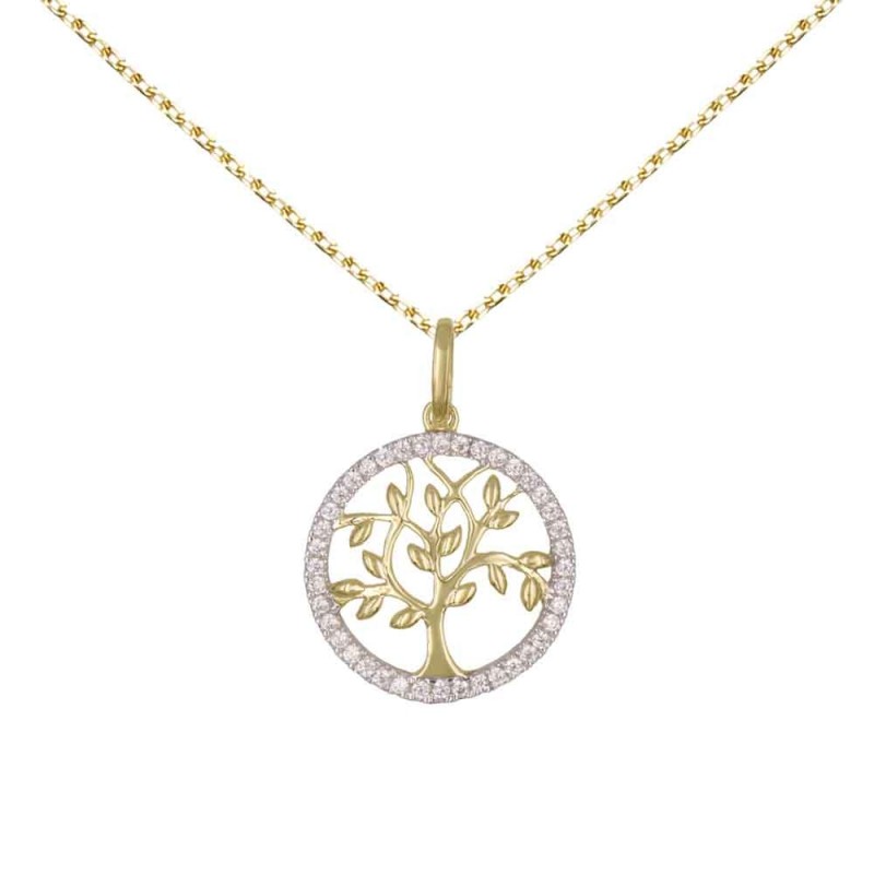 Collier - Pendentif Or Jaune Arbre de Vie Serti de Zirconiums - Chaine Dorée Offerte