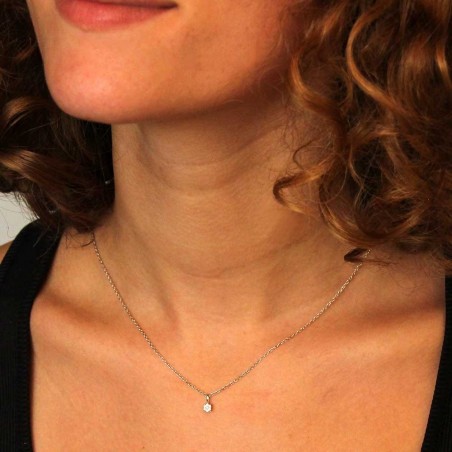 Collier - Pendentif Or Blanc Pavé Diamants - Chaine Argentée - Femme