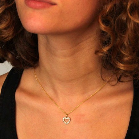 Collier - Pendentif Or Jaune Coeur Serti de Zirconiums - Chaine Dorée Offerte